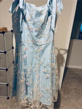 Women’s Light Blue Floral Embroidered Dress with Tie Straps